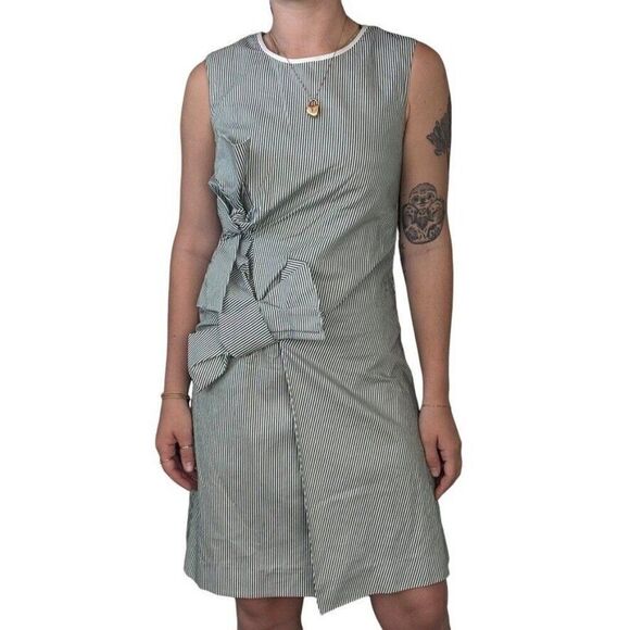 Victoria Beckham Green White Pin Striped Bow Mini Cocktail Dress Sz 4 - Picture 1 of 9